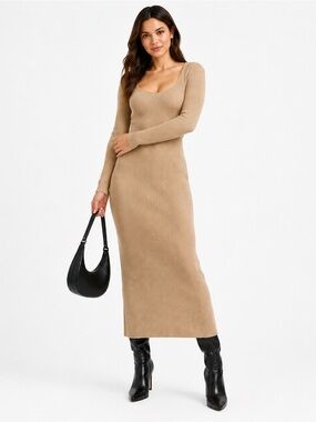 A New Day Women’s Ribbed Long Sleeve Midi Sweater Dress – Tan, Size Medium NWT!